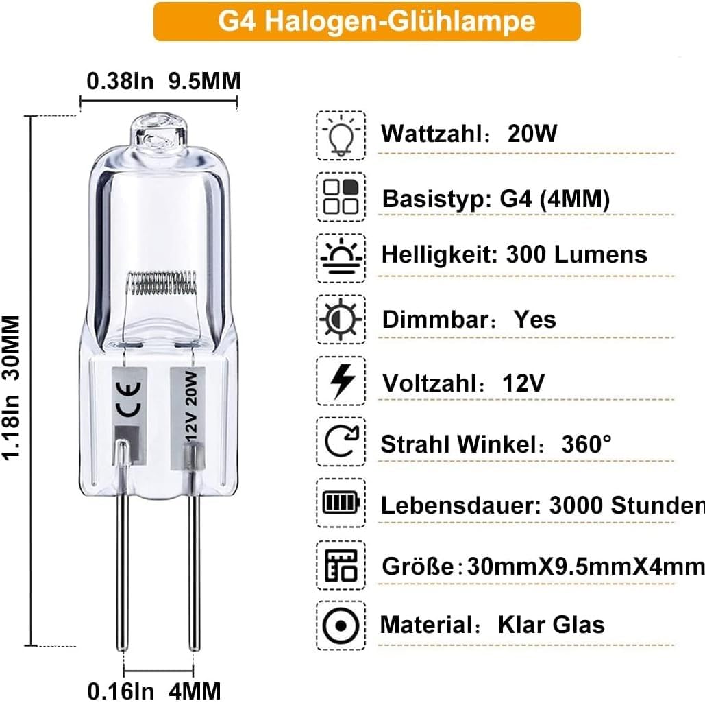 G4 Halogen Bulbs, 20W 12V Clear 2 Pin Lamp, 10 Pack