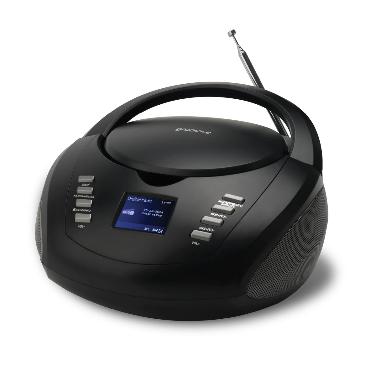 Groov-e Original Boombox - Portable CD Player with Bluetooth, Radio, 3.5mm Aux Port, & Headphone Socket - LED Display, 2 x 1.2W Speakers - Battery or Mains Powered - Black