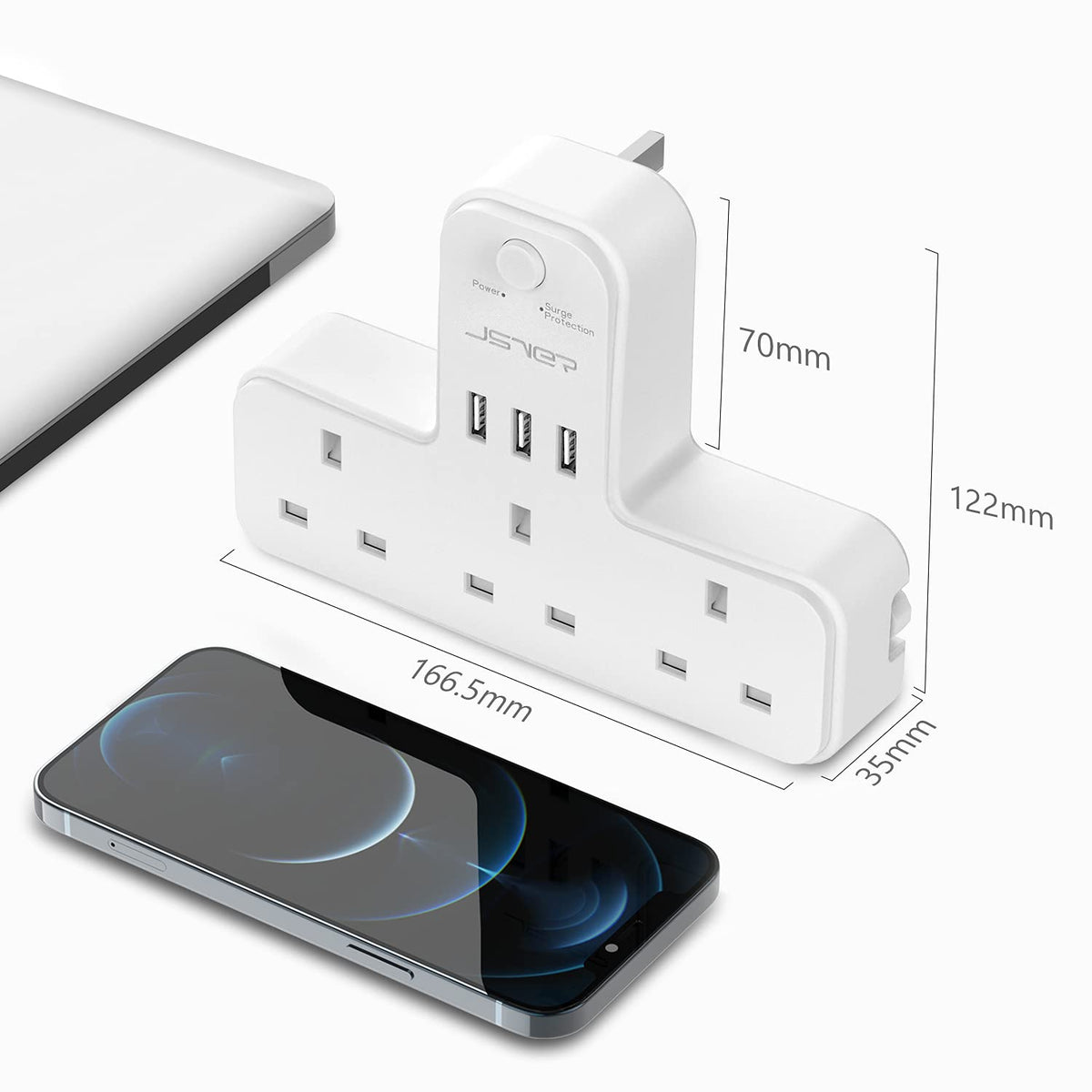 Double Plug Adaptor with 2 USB, JSVER Mini 2 Way Plugs Extension Sockets with USB Ports(5V/2.4A) Wall Charger Adapter, 13A UK 3 Pin Power Socket for Home, Office, Kitchen,White