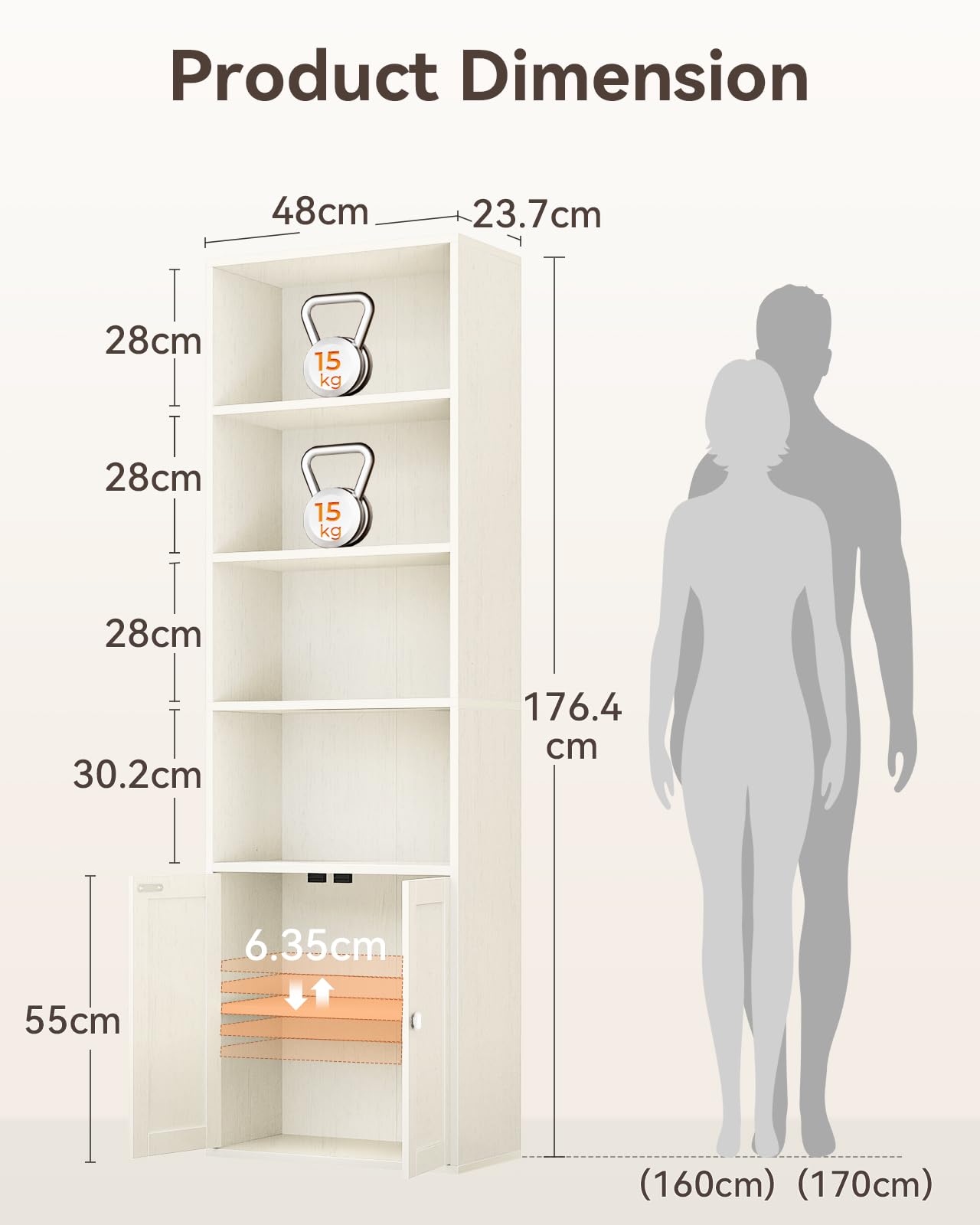 Coleshome 6-Tier Bookcase with Doors and Cabinet, Bookshelf Floor Standing Display Storage Shelf, Bookcases for Home, Office, Living Room, Bedroom, White, 48 x 24 x 176.4
