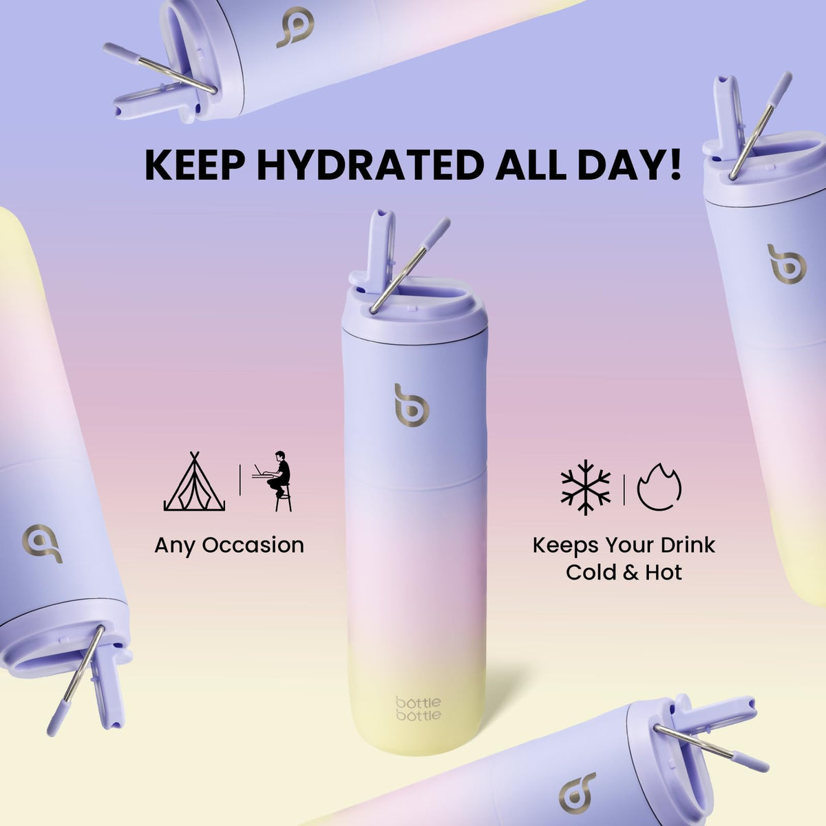 Bottle Bottle Stainless Steel Water Bottle 700ml with Straw and Lid Sports Insulated Metal Water Bottles with Handle(Black)