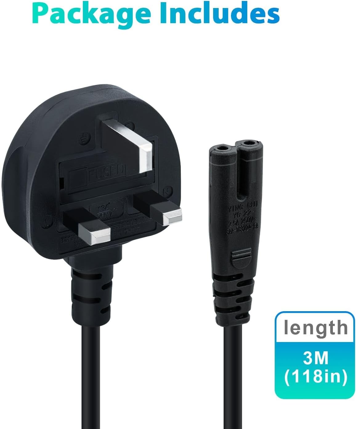 Mcbazel 3M UK Power Cable (IEC320C7 to BS 1363) C7 Figure 8 Power Lead,PS4 Power Cable,Kettle Lead/Power Cord compatible with Samsung LG Philips Toshiba TV/Printer/PS4/PS3/PS5