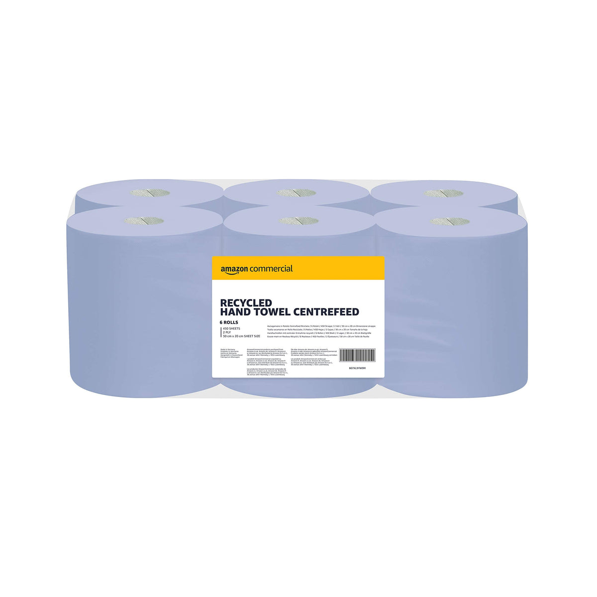 AmazonCommercial Standard Multipurpose Paper Towel, 2-ply Centrefeed, Blue Roll Recycled, 6 Rolls (1 Pack), 415 Sheets per Roll, Sheet Size: 16.5 x 29 cm