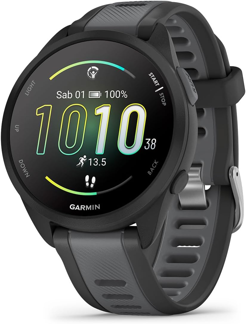 Garmin Forerunner 165, 43mm GPS running smartwatch, lightweight, AMOLED touchscreen, advanced training, insights & features, safety & tracking features, up to 11 days battery life, Black
