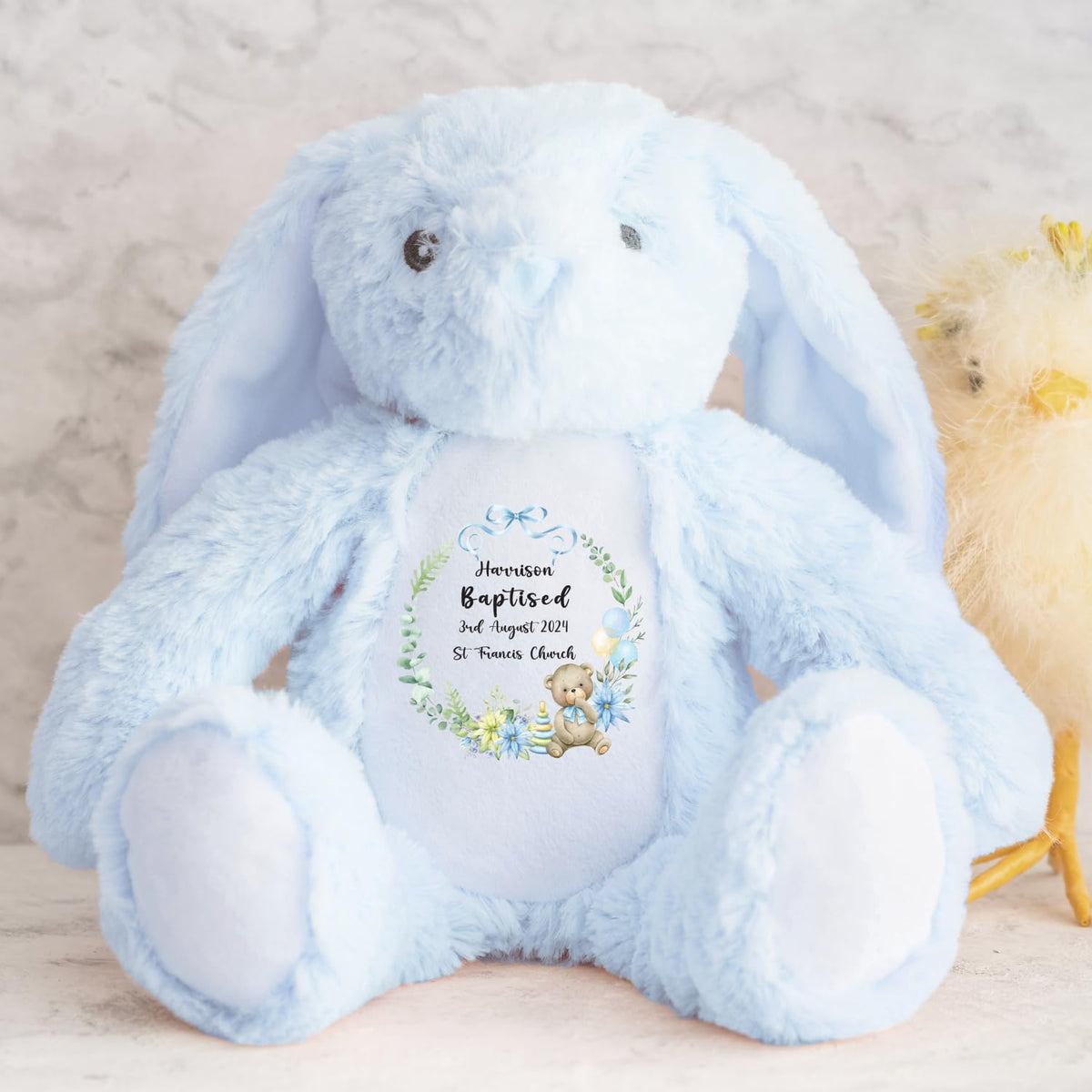 Crafted Memories - Personalised Bunny Rabbit | Custom Name & Date | Christening & Baptism Keepsake | Baby Girl & Boy | Soft Grey, White | Ideal 1st Birthday Present