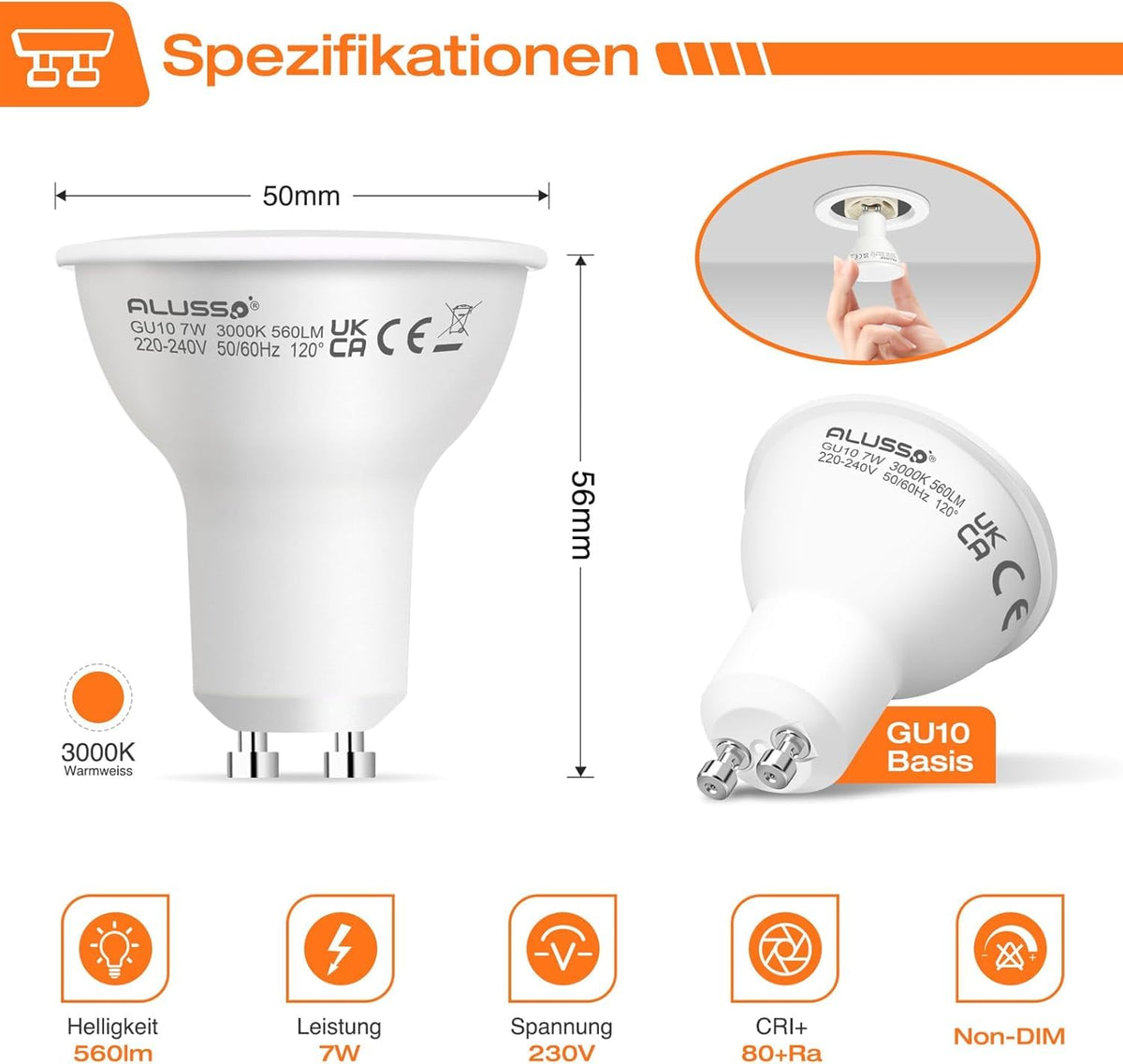 ALUSSO 5W GU10 LED Bulbs Warm White 3000K, 400LM Brightness Pack of 4