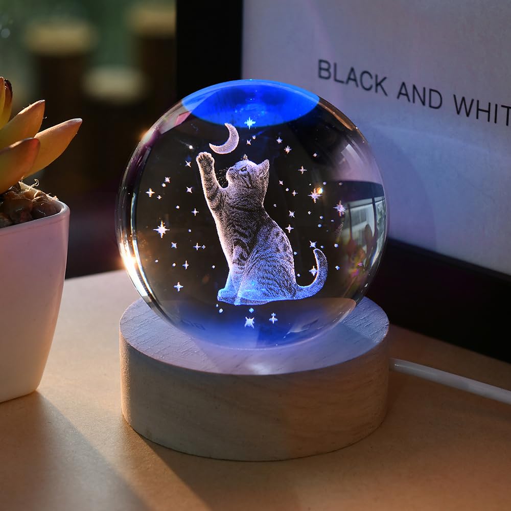 3D Fairy Crystal Ball 60mm Glass Fairy with Flower Night Light Gifts for Girl Women with Light Base
