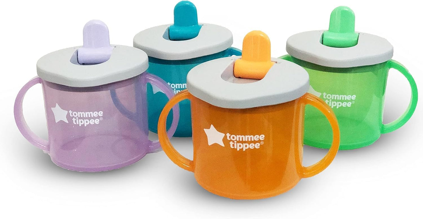 Tommee Tippee First Cup, 190ml, Non-Spill Sippy Cup for Babies 4 Months+, with Free-Flow Flip-Down Spout and Easy to Hold Handles, Orange, Blue and Green, 3 Pack