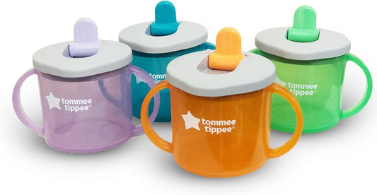 Tommee Tippee First Cup, 190ml, Non-Spill Sippy Cup for Babies 4 Months+, with Free-Flow Flip-Down Spout and Easy to Hold Handles, Orange, Blue and Green, 3 Pack