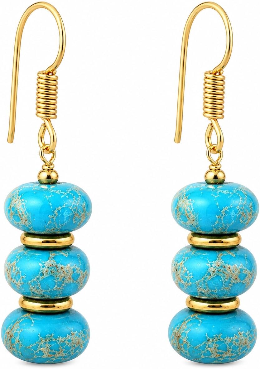 Gempires Natural Gemstone Rondelle Bead Earrings for Women | 8mm Beaded Drop Dangle Earrings | Gold Plated Hypoallergenic Hook Jewelry | Handmade Lightweight Crystal Earrings