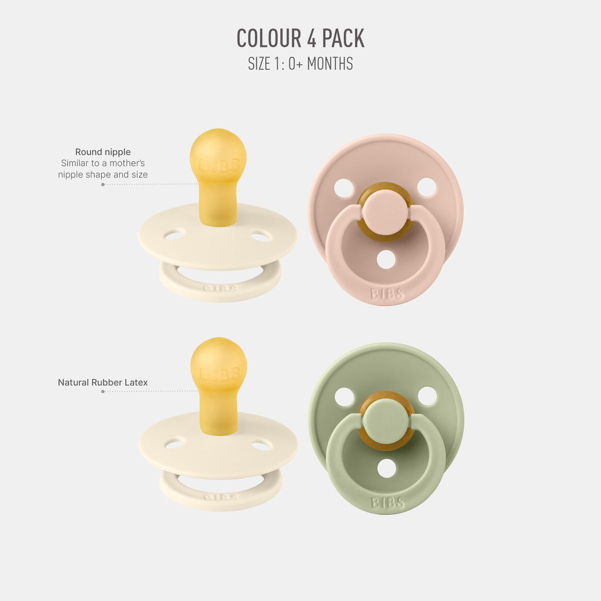 BIBS Colour Glow Dummy, 0-6 Months, 4-Pack, Ivory/Sage/Sage Glow/Cloud Glow