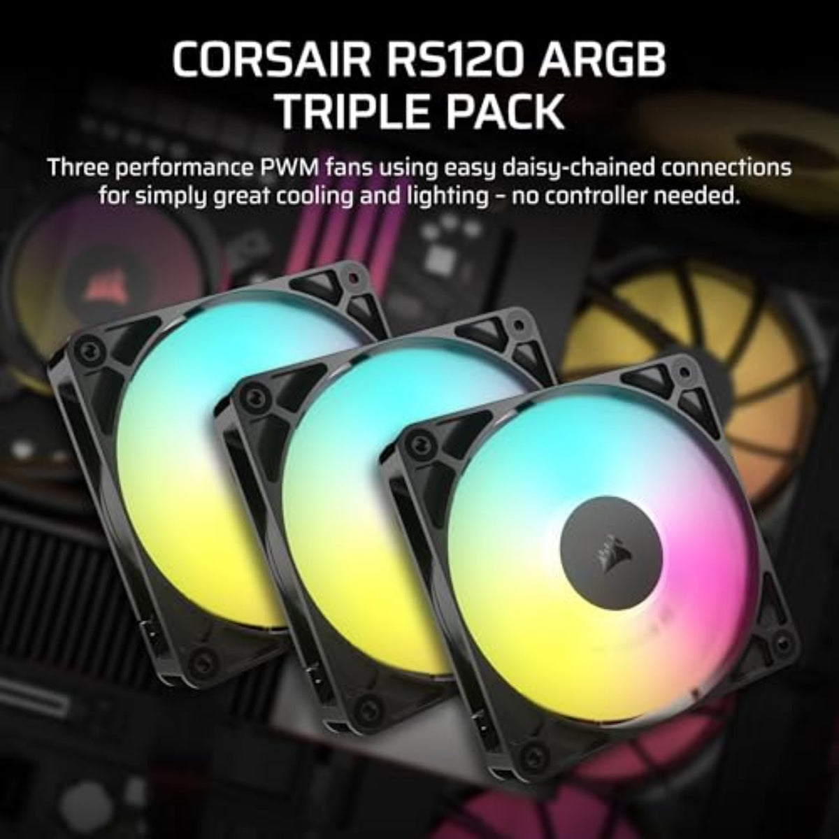 CORSAIR RS120 ARGB 120mm PWM Fans – Daisy-Chain Connection – Low-Noise – Magnetic Dome Bearing – Triple Pack – White