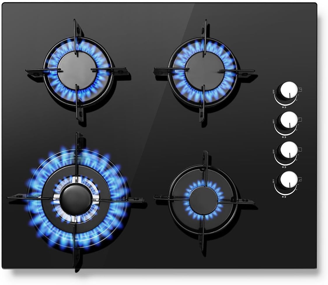 SNDOAS Gas Hob 4 Burners, NG/LPG Convertible, Built-in Black Glass Gas Hob with Wok Burner, Flame Failure Protection, 8000W, YYUKGCT-B04