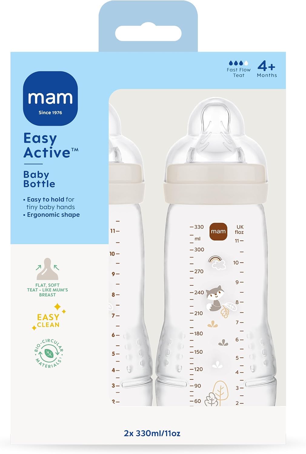 MAM Easy Active Bottles, 4X 330ml, Easy-Grip Ergonomic Shape, Blue