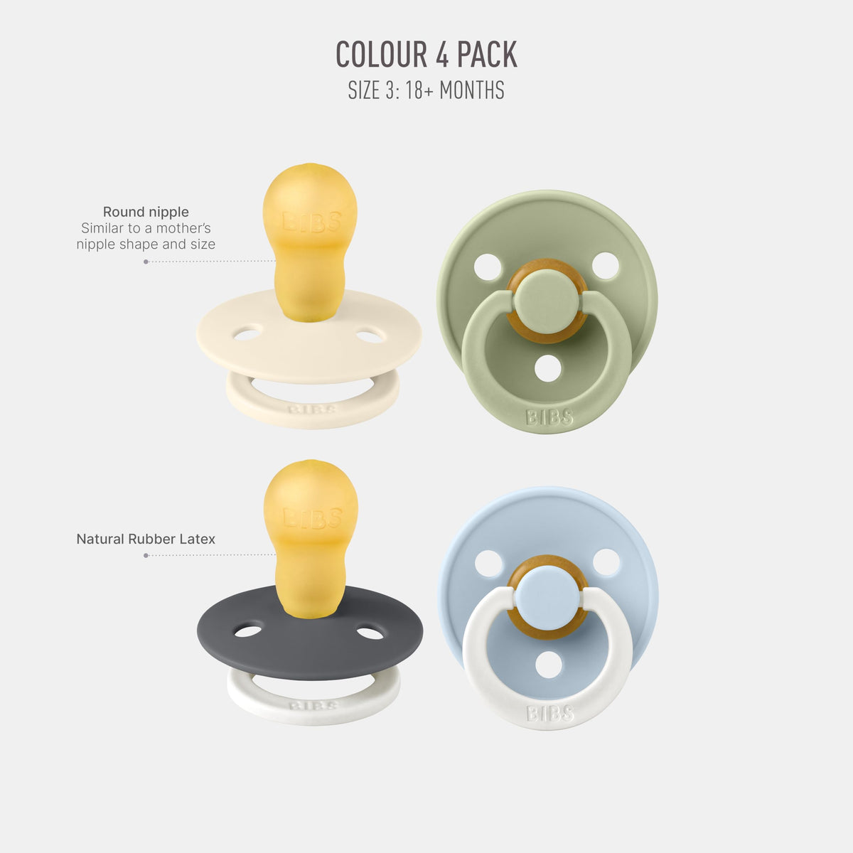 BIBS Colour Glow Dummy, 0-6 Months, 4-Pack, Ivory/Sage/Sage Glow/Cloud Glow