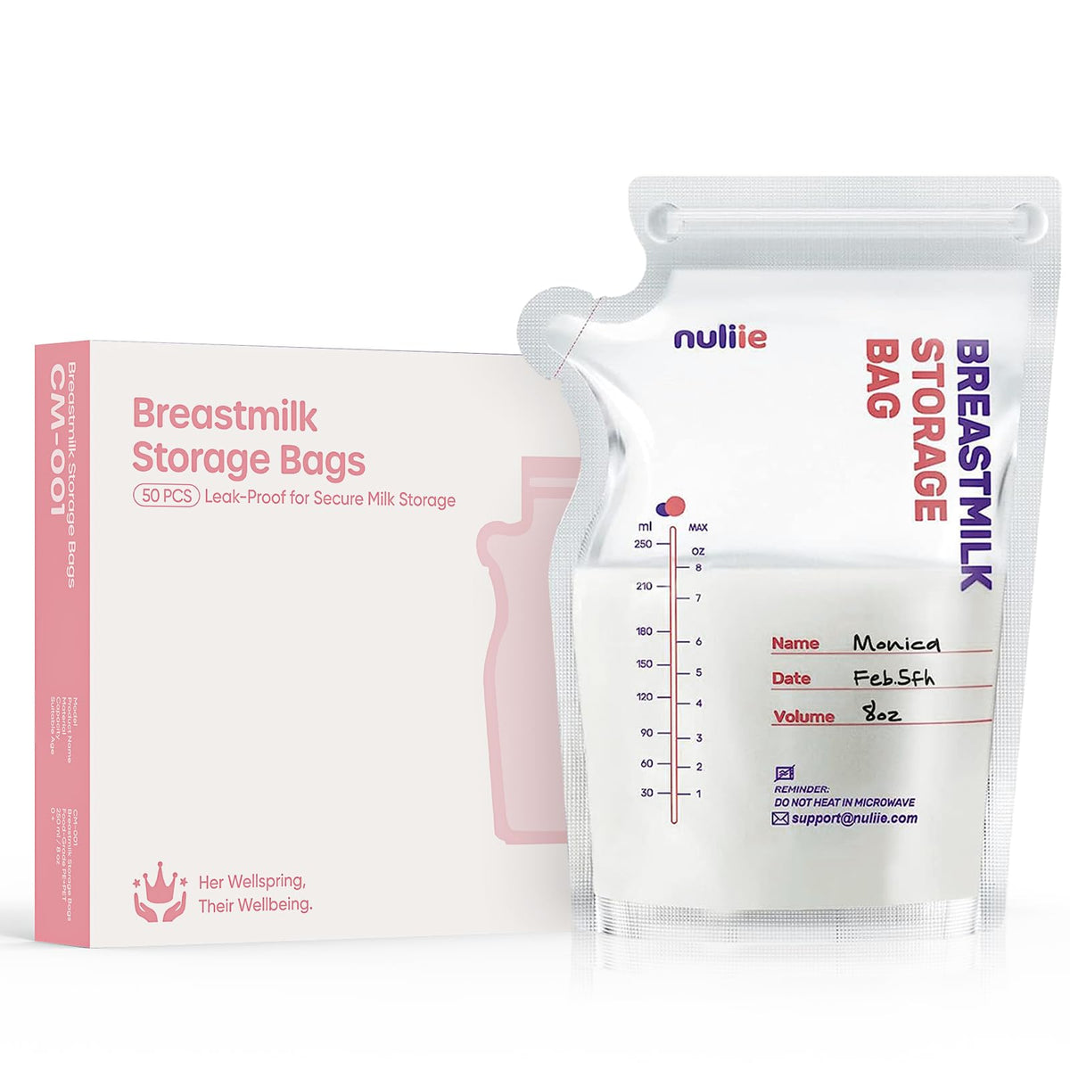 Nuliie 120 Pcs Breast Milk Storage Bags, 250ml BPA Free Milk Storage Bags with Pour Spout for Breastfeeding, Self-Standing or Flat Pre-sterilised Bag, Space Saving for Fridge or Freezer Use