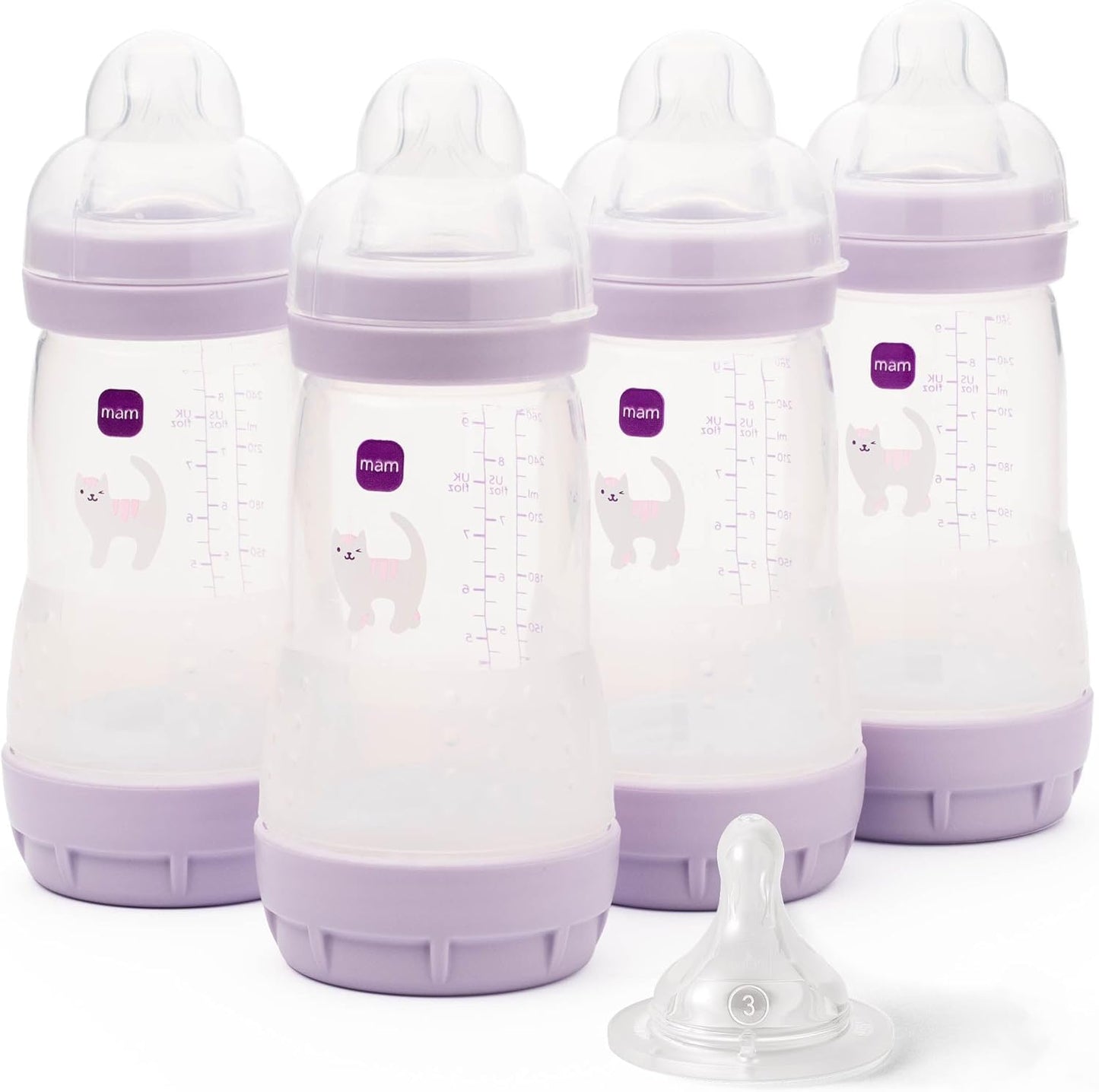 MAM Easy Start Anti-Colic Baby Bottles | 4 Pack (4X 260ml) | Self-Sterilising Baby Milk Bottle | Medium Flow MAM Teats Size 2 + 1x Fast Flow Teat Size 3 | Powder Blue (Various Designs)
