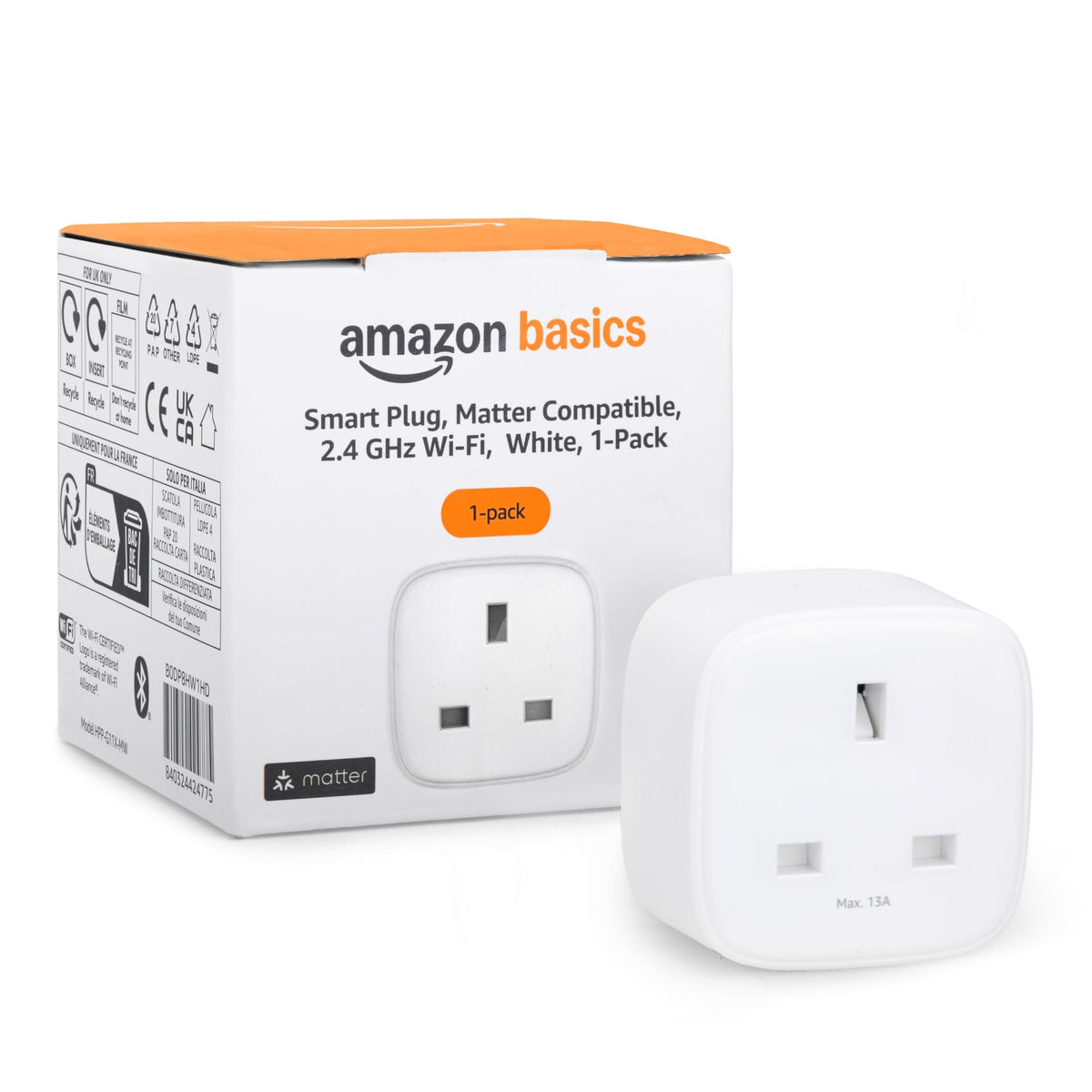 Amazon Basics Single Outlet Indoor Wi-Fi Smart Plug, works with Alexa only, 1 Pack, White, UK