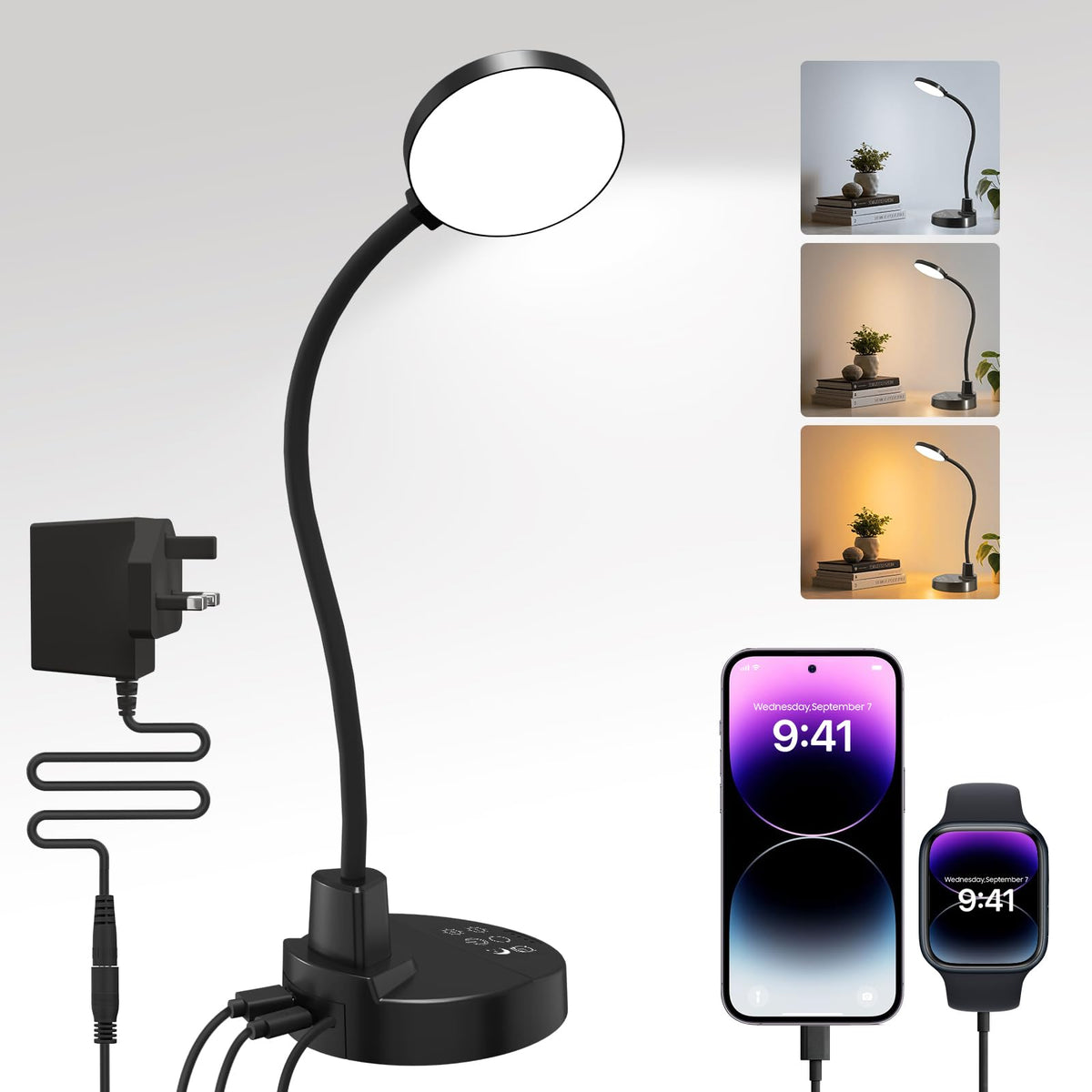 60 LED Desk Lamp with USB Charging Ports – Dimmable Table Lamp with 3 Color Temps, 5 Brightness, 4 Timers, 15W Flexible Gooseneck Light with Base, Eye-Caring Reading Light for Home Office, Bedroom