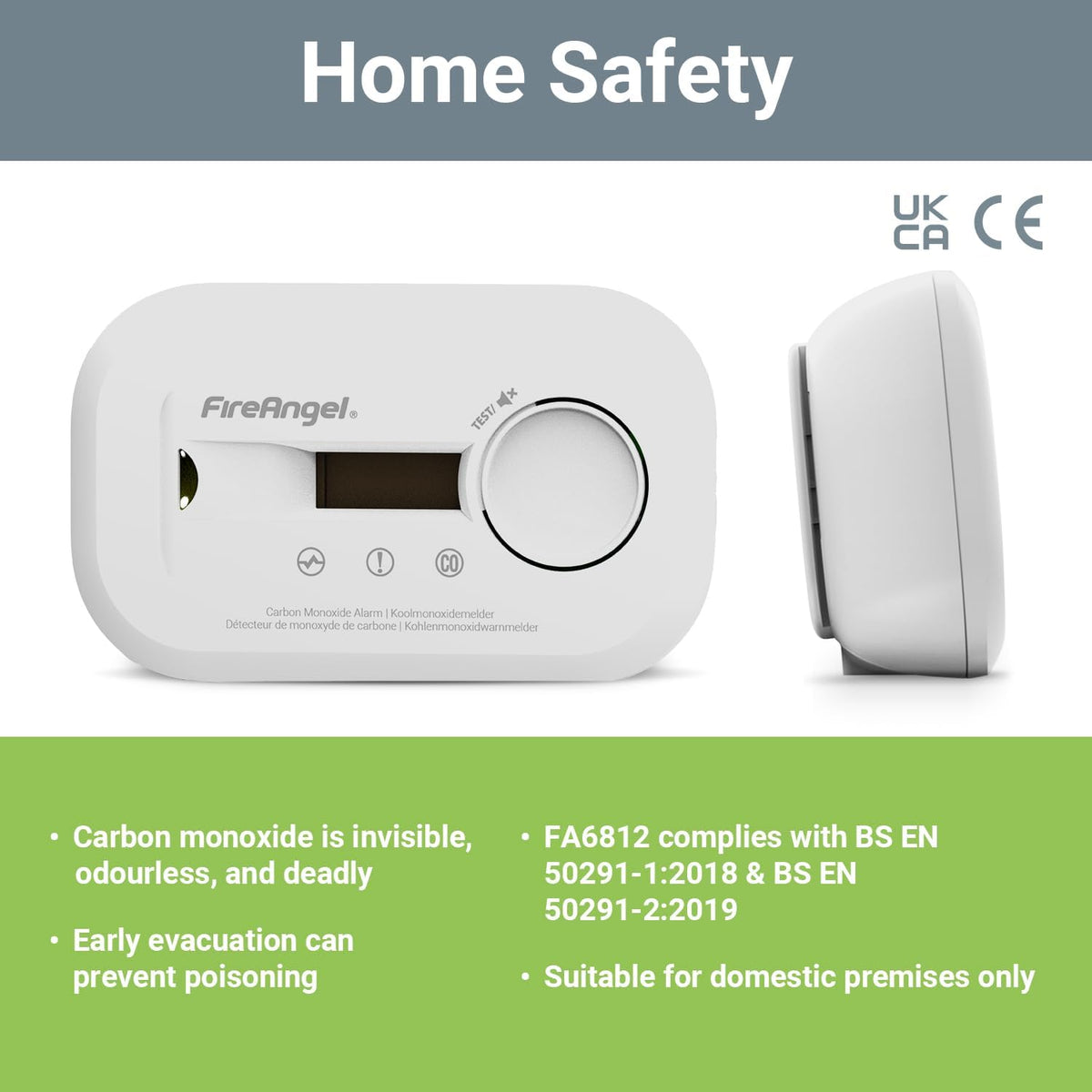 FireAngel FA6812 Digital Carbon Monoxide Detector for Home, 10yr CO Alarm