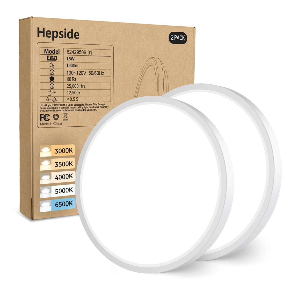 hepside 2 Pack Bathroom Ceiling Light 30cm, 3000K/3500K/4000K/5000K/6500K 5CCT LED Ceiling Lights, 24W, Modern, Waterproof, Round Flush Mount for Bathroom, Kitchen, Bedroom, Hallway