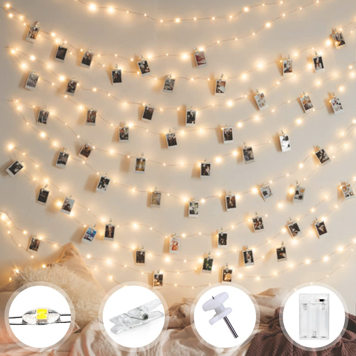 Kolpop 50LED Photo Clip String Lights, 5M Photo Peg Fairy Lights Indoor with 30 Clips Battery Powered Cooper Wire Hanging String Photo Display for Bedroom Birthday Wedding Party Christmas Decorations