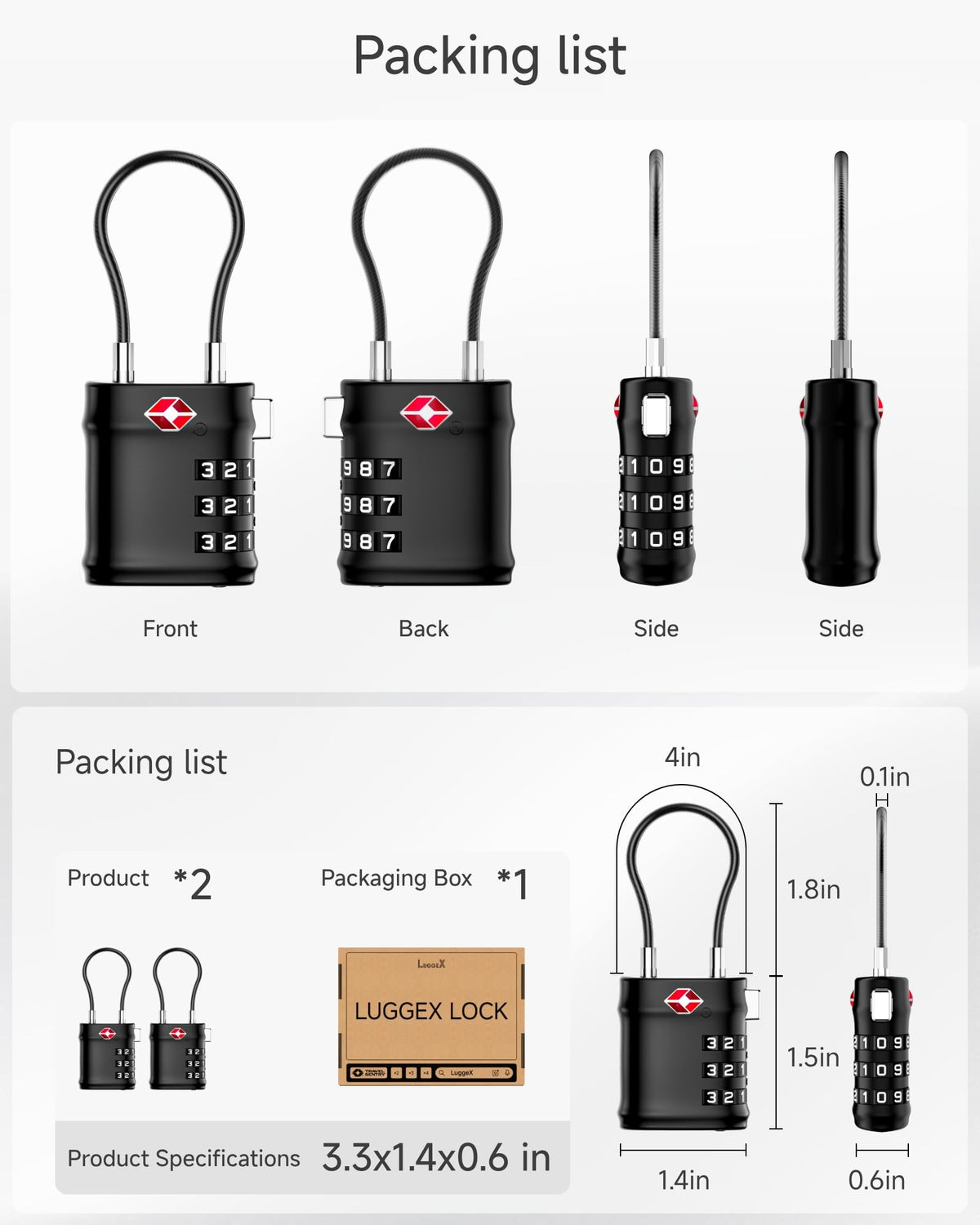 LUGGEX Suitcase Locks, Luggage Locks, TSA Approved Luggage Locks,Black,2