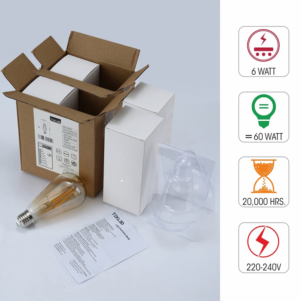 TEKLED LED Filament Style ST64 Bulbs E27 Dimmable 6.5W 60W Equiv 2700K 2 Pack Warm White