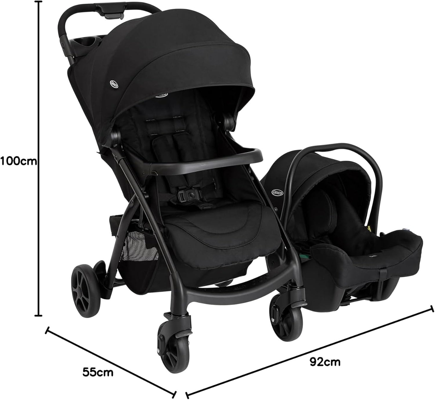 Graco Tavira Travel System - Suitable from Birth to Approx. 4 Years (0-22kg). One-Hand Folding, Compact Pushchair, Includes i-Size car seat, Midnight Fashion