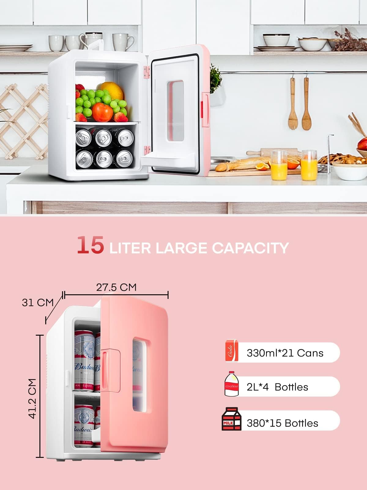 Mini Fridge 15L/21 Cans Mini Fridge for Bedrooms, Upgrade AC+12V DC Power Small Fridge for Dorm, Car, Office, Travel | Max & ECO Mode, Thermoelectric Cooler and Warmer | for Skincare, Beauty, Drink