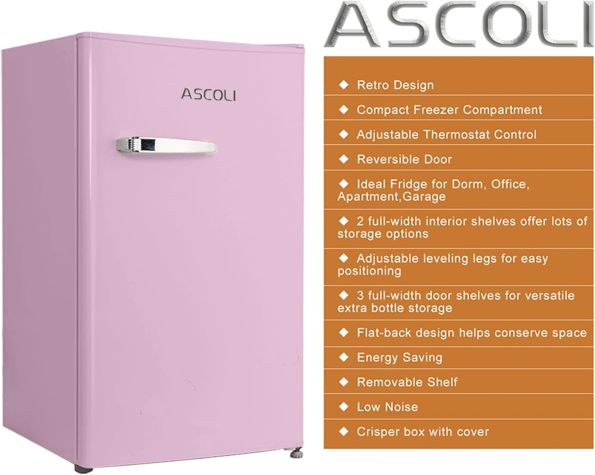 Retro Mini Fridge 85L, Compact Refrigerator, Under Counter Fridge, Direct Cooling, Super Quiet, Adjustable Racks, Metal Handle, Mechanical Control, Led Light