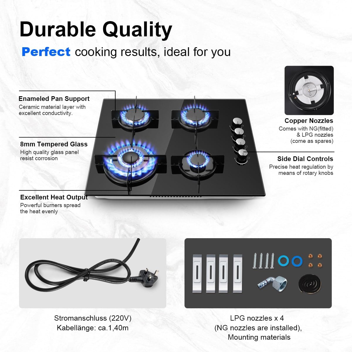 SNDOAS Gas Hob 4 Burners, NG/LPG Convertible, Built-in Black Glass Gas Hob with Wok Burner, Flame Failure Protection, 8000W, YYUKGCT-B04