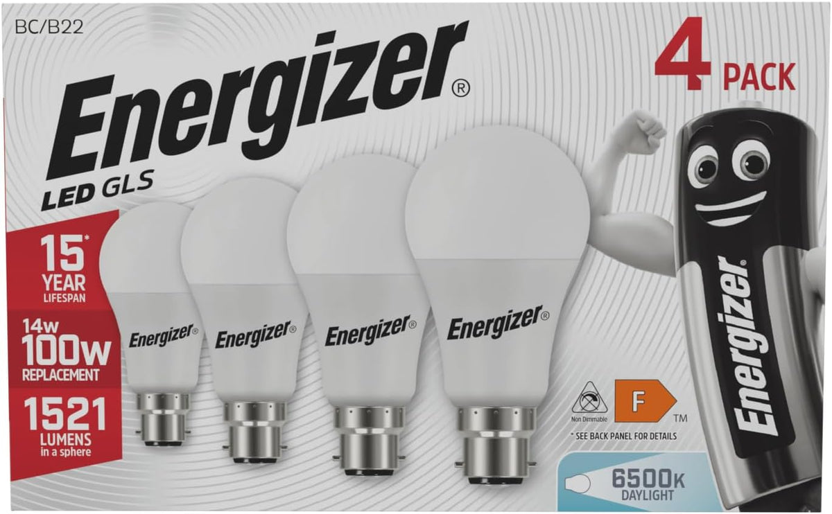 Energizer B22 Bayonet Light Bulbs, 1521lm, Daylight White 6500K, 4 Pack