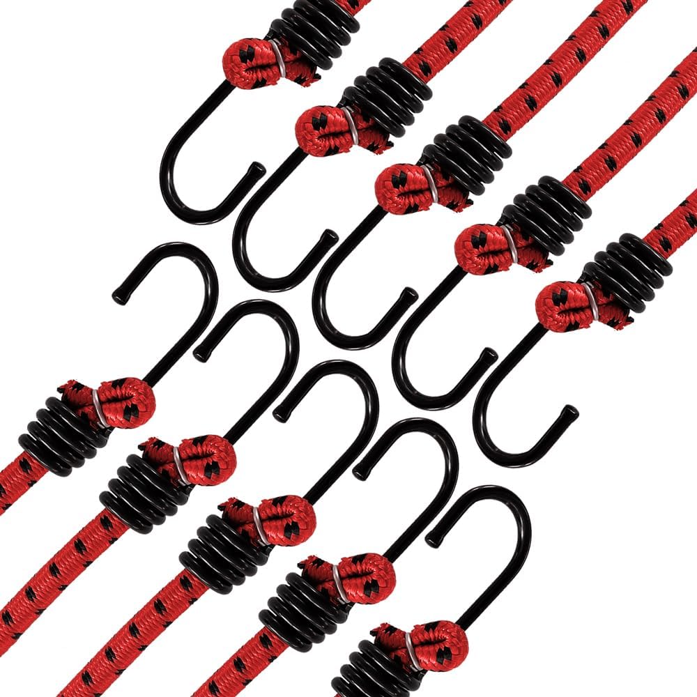ANSIO Bungee Cords with Hooks 16” (40cm), Pack of 10 Bungee Straps - Red