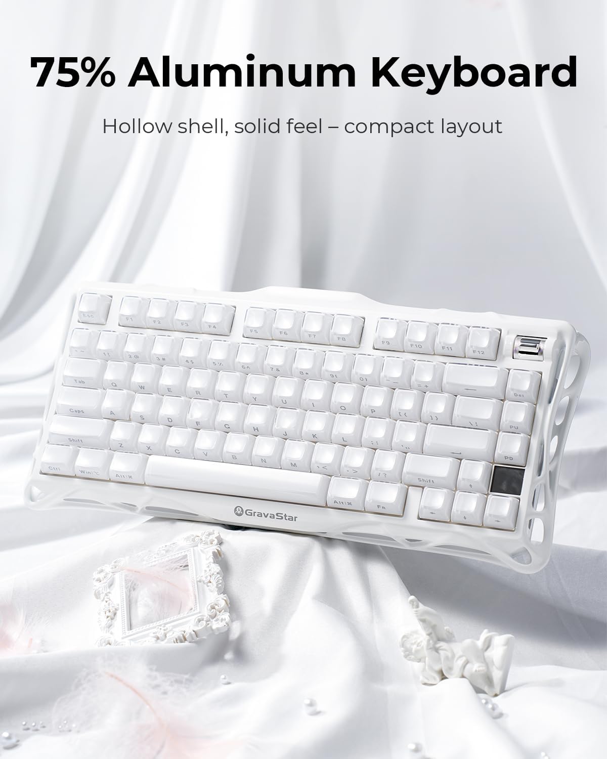 GravaStar Mercury K1 Mechanical Keyboard with Aluminium Frame, 75% Wireless Gaming Keyboard, Hot Swap Custom Keyboard with Button, Gasket, RGB Tri-Mode Keyboard, PBT Keycaps, 8000 mAh White