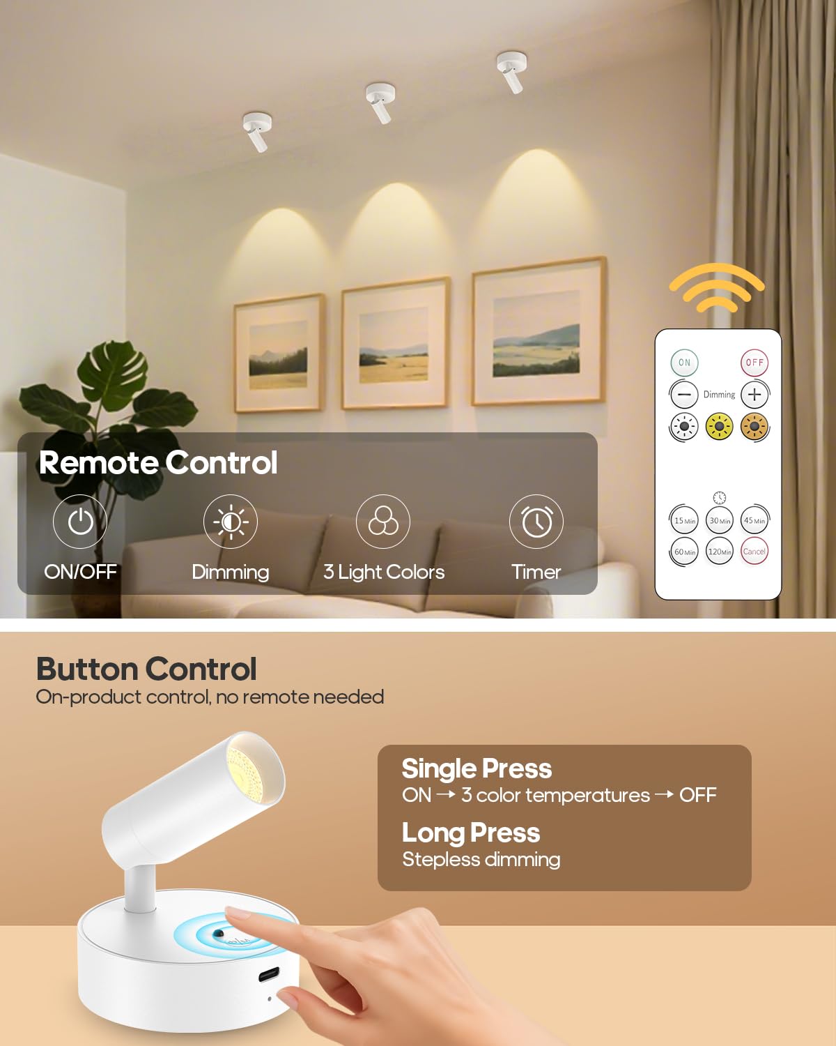 GOODEA Battery Operated Spot Light Indoor with Remote, Up to 30 Days, 3 CCT