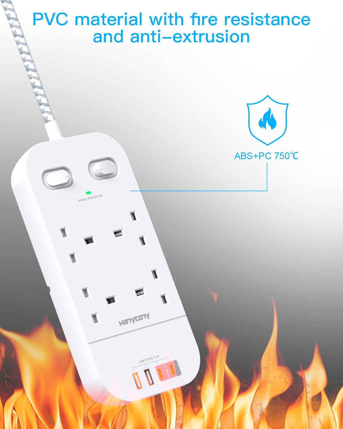 5M Extension Lead Surge Protected, 4 Way Outlets with 2 USB C & 2 USB A