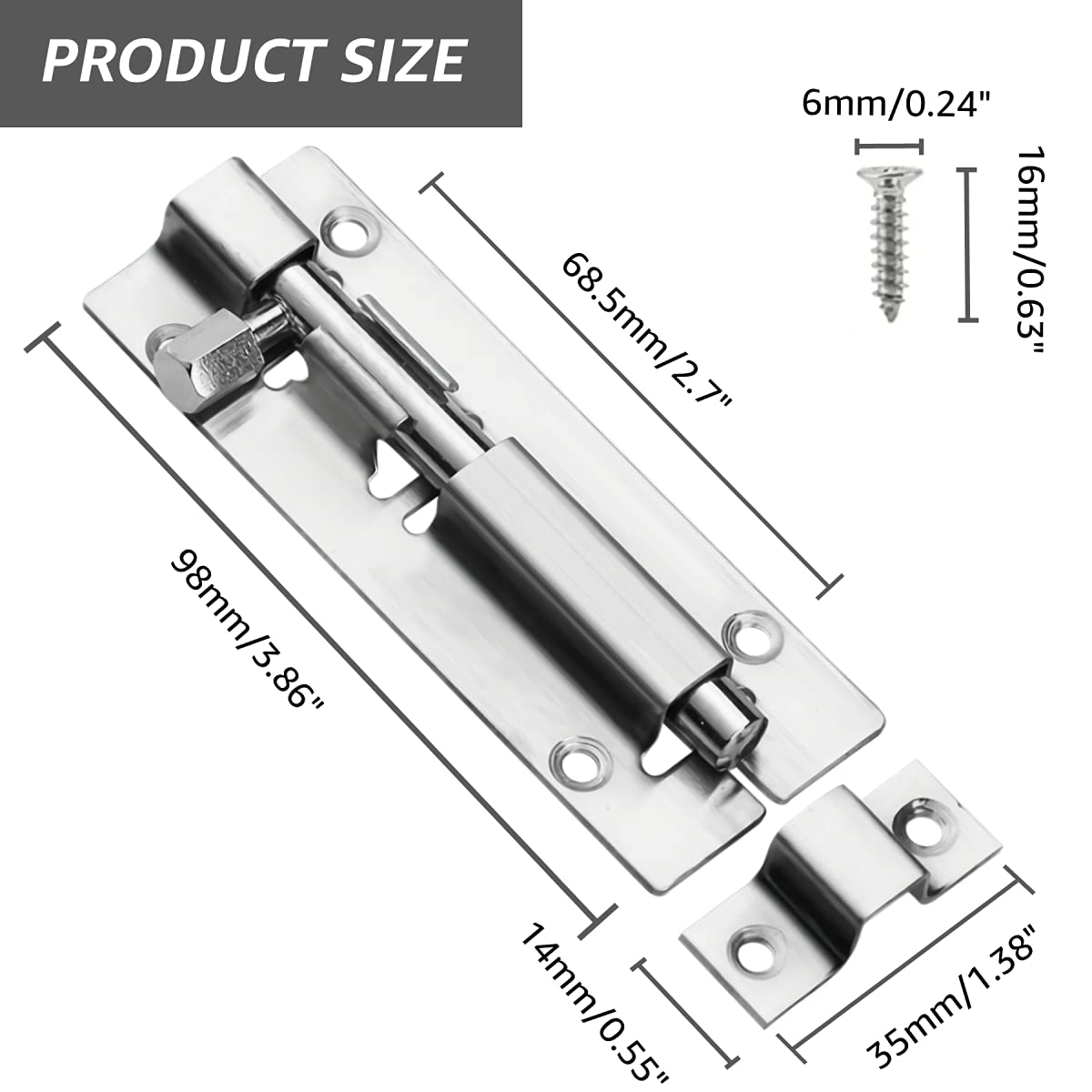 Door Lock Bolts 3"(75mm), Heavy Duty Black Door Latch Slide Bolts Lock with Screws for Bathroom Bedroom Shed Garden Toilet, 3 Inch