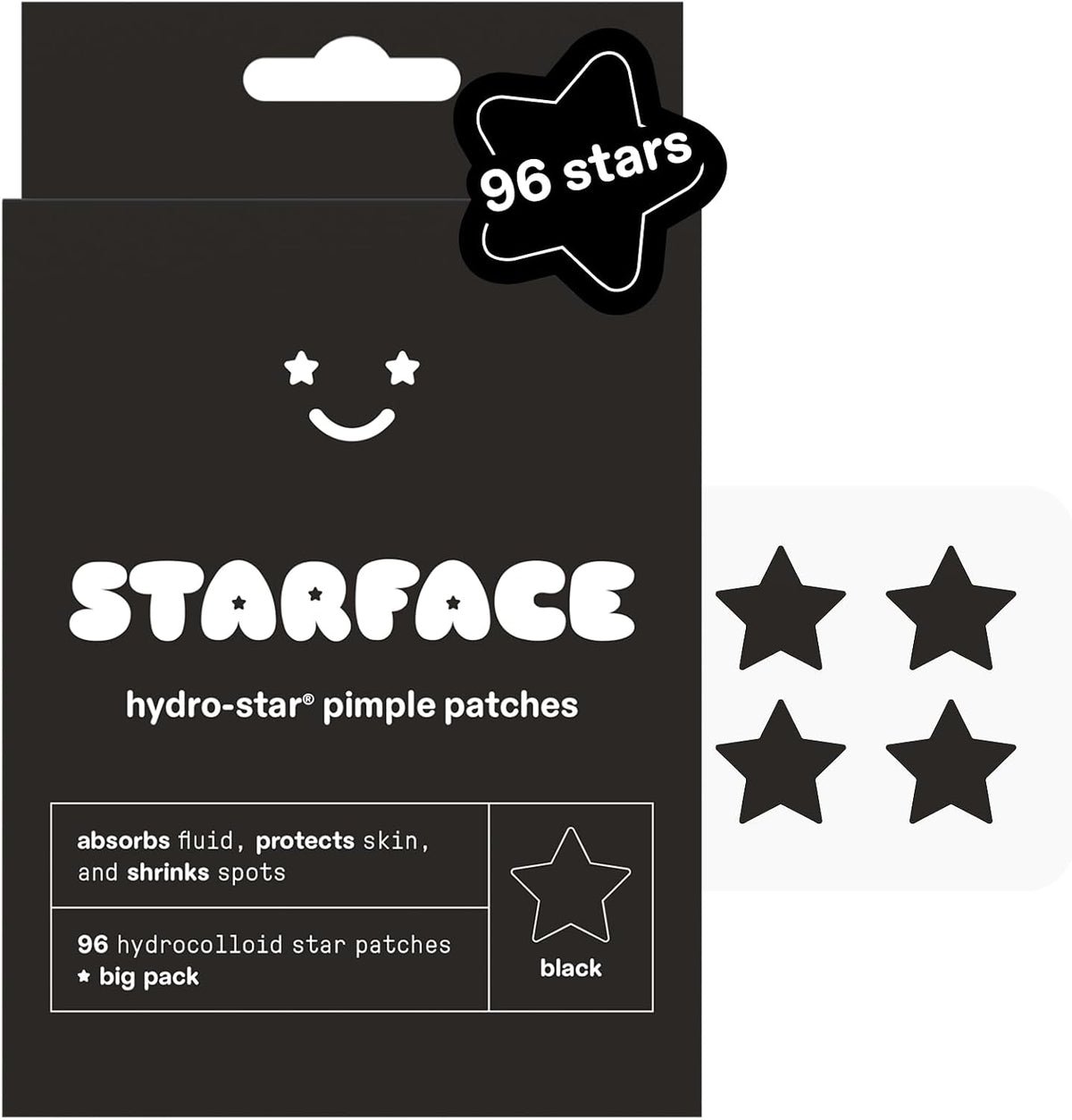Starface Hydro-Star® Black Hydrocolloid Star-Shaped Pimple Patch, 96 ct