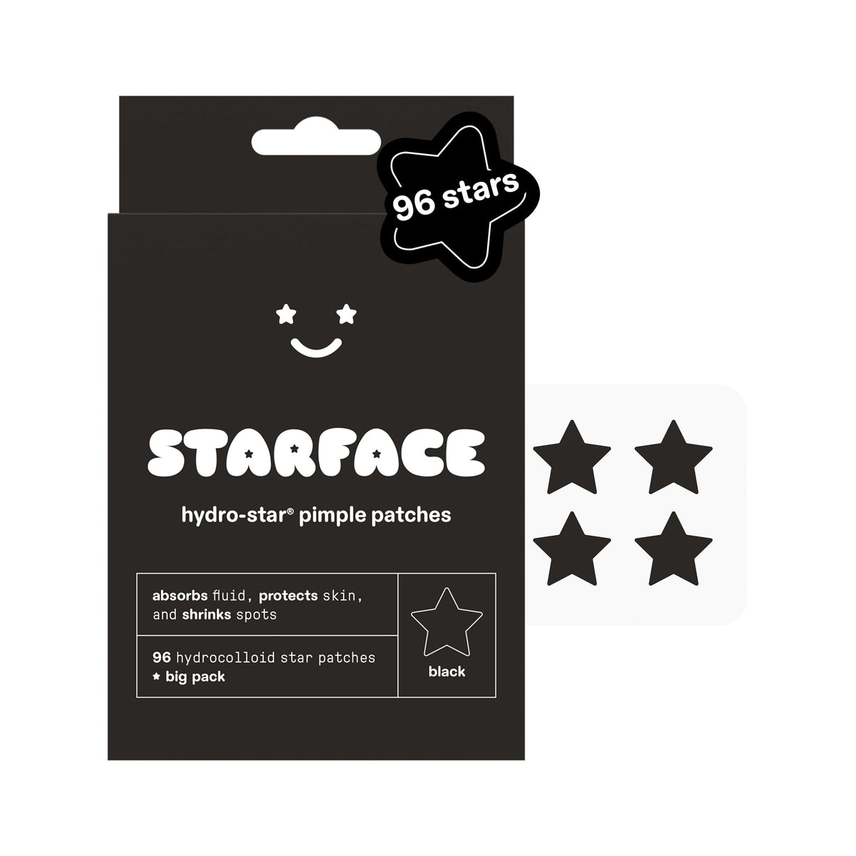 Starface Hydro-Star® Black Hydrocolloid Star-Shaped Pimple Patch, 96 ct