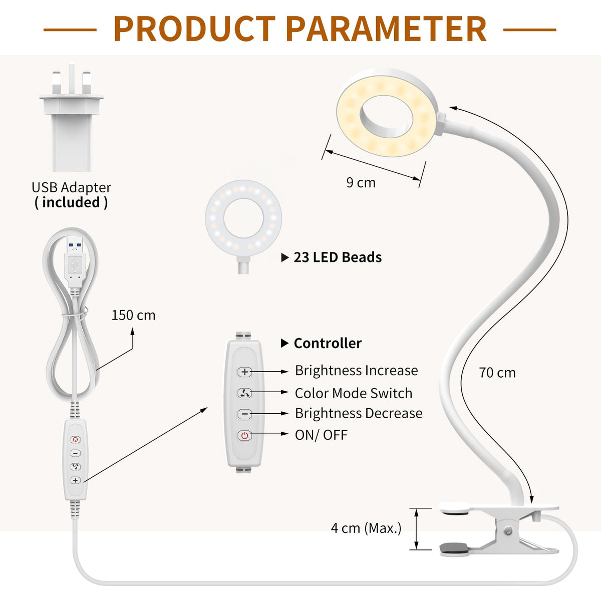 iZELL LED Desk Lamp -【3 Color Modes & 10 Brightness】 Eye Caring Clip on Clamp Light with 70cm Flexible Arm, Book Ring Light with Plug for Home Office, Kids, Reading, Clip on Table, Headboard