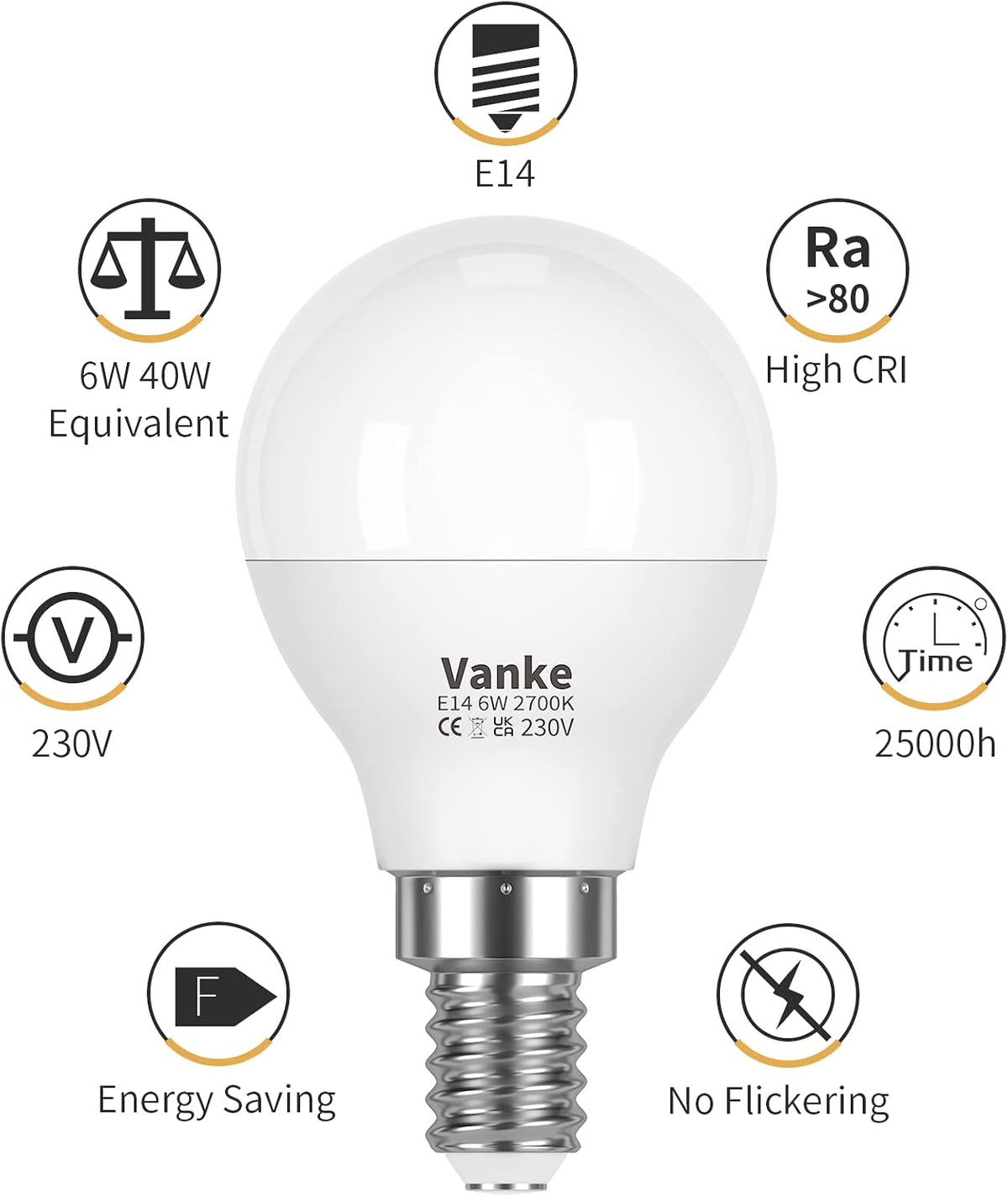 Vanke E14 LED Light Bulb, Warm White 2700K, 6W (40W Equivalent), Pack of 3