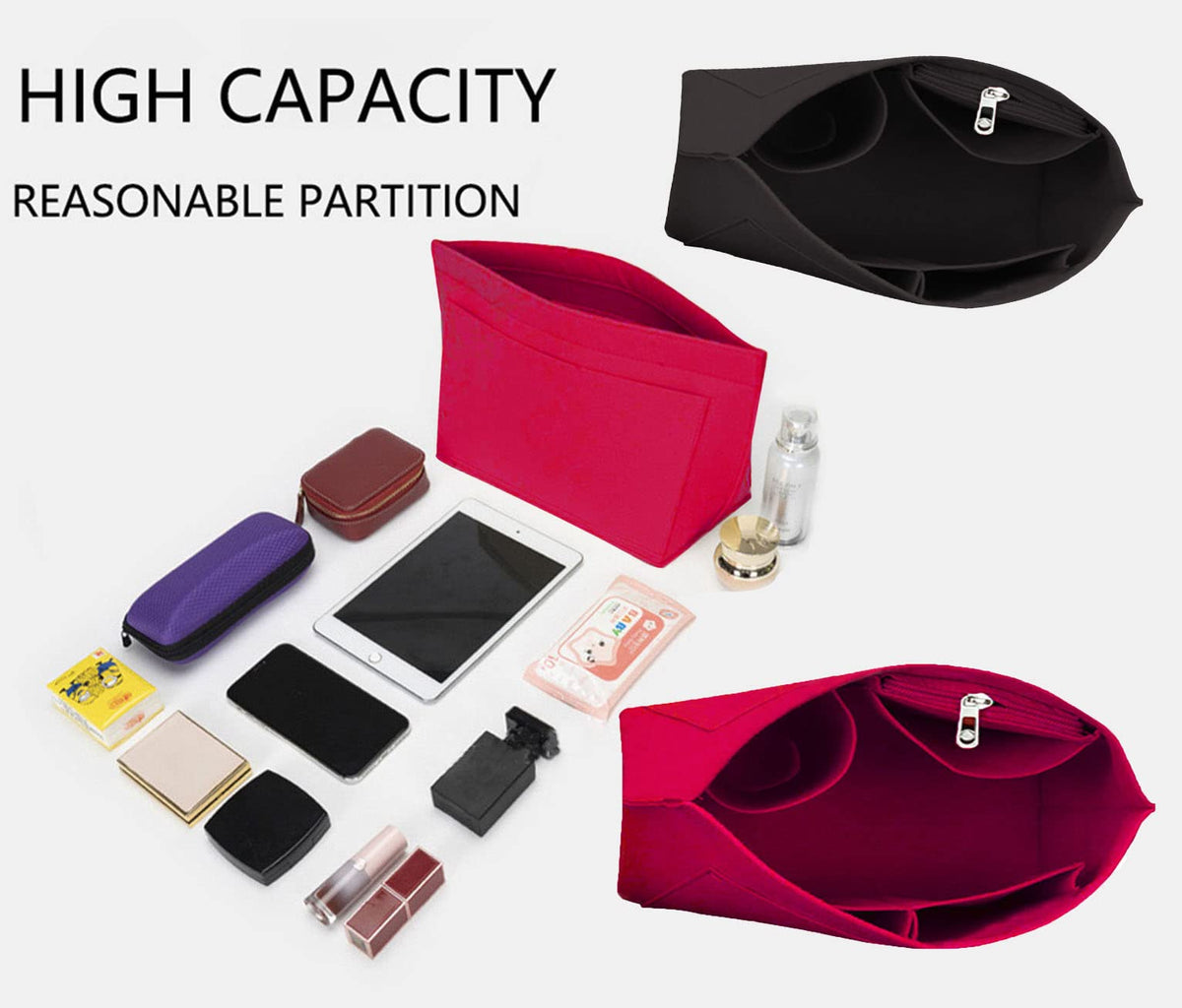 Lckaey tote bag organizer insert for Longchamp le pliage large tote insert felt purse zipper bag organizer 1028pink-S