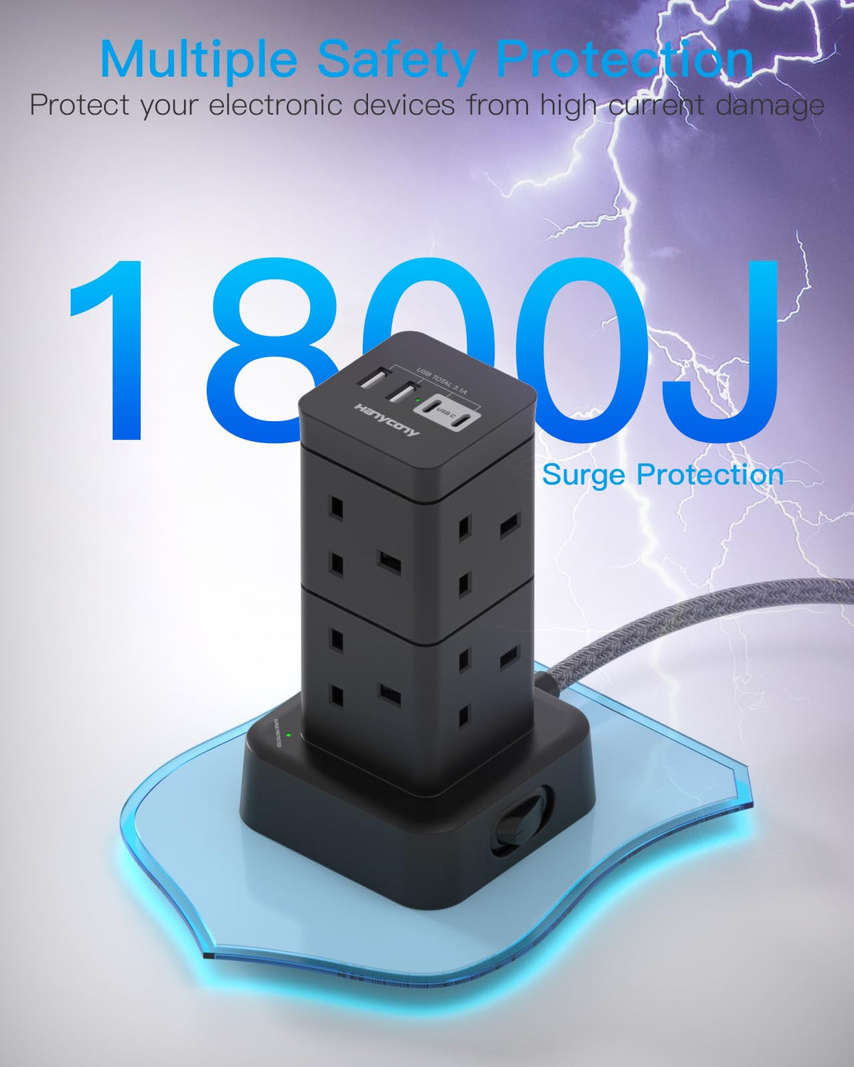 5M Extra Long Tower Extension Lead with 2 USB C, 8 Way Outlets Power Strip