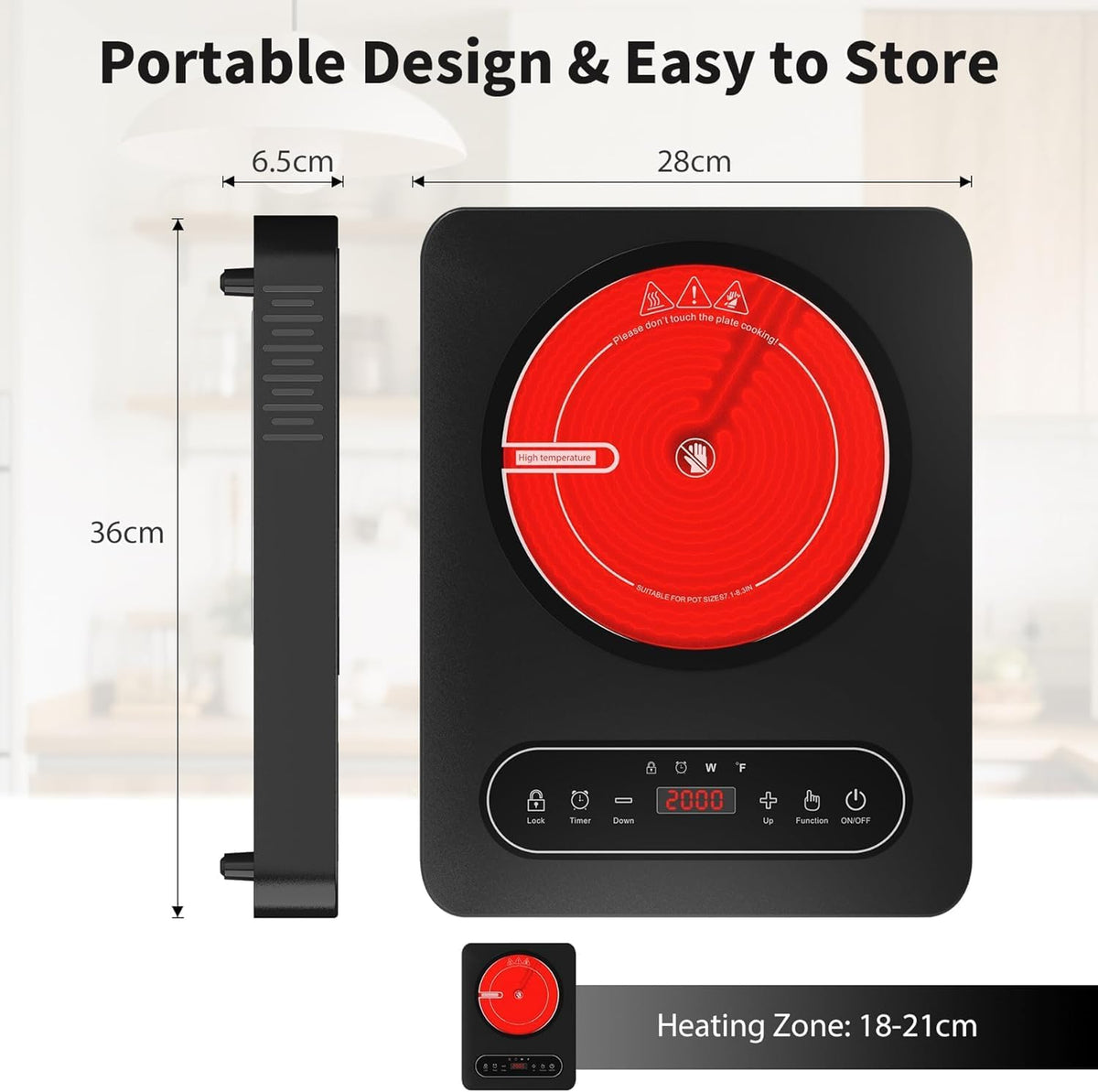 VBGK Portable Ceramic Hob, 2000W Portable Electric Hob, Electric Ceramic Hob, Single Cooking Zone with LED Display, 4-Hours Timer, Safety Lock, Residual Heat Indicator