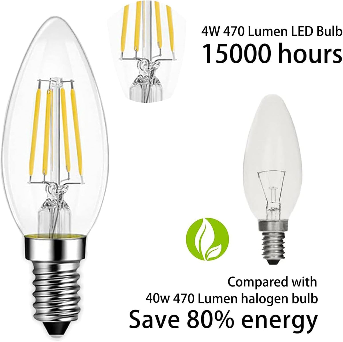 Levidon E14 LED Candle Light Bulbs, Small Edison Screw (SES) 2700K Warm White Clear Filament - Pack of 6