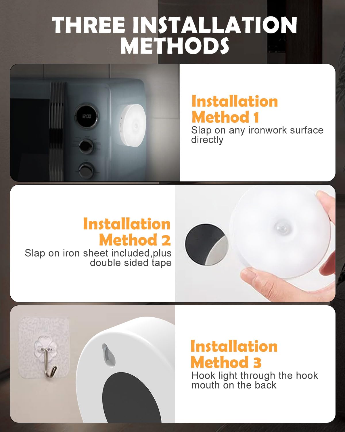 Motion Sensor Lights Indoor, 6 Pack Cupboard Lights, Stair Lights Night Lights, 3 Modes USB Charging Wall Lights, Magnetic Sensor Lights Indoors for Kitchen Stair Closet Under Cabinet