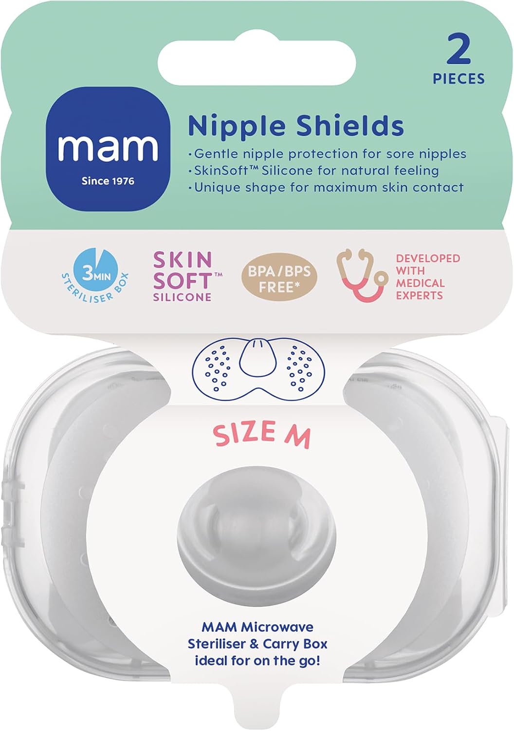 MAM Nipple Shield, 2 Pack, Medium, Sterilisable Case
