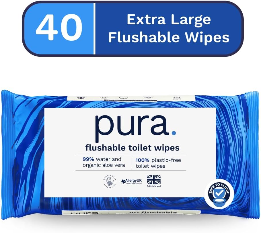 Pura Flushable Moist Toilet Tissue Wipes, 1 Pack of 40 Wet Wipes, 100% Plastic Free, 99% Water Clean Washlets, Certified ‘Fine to Flush’ Biodegradable, Compostable, Vegan, Gentle Clean