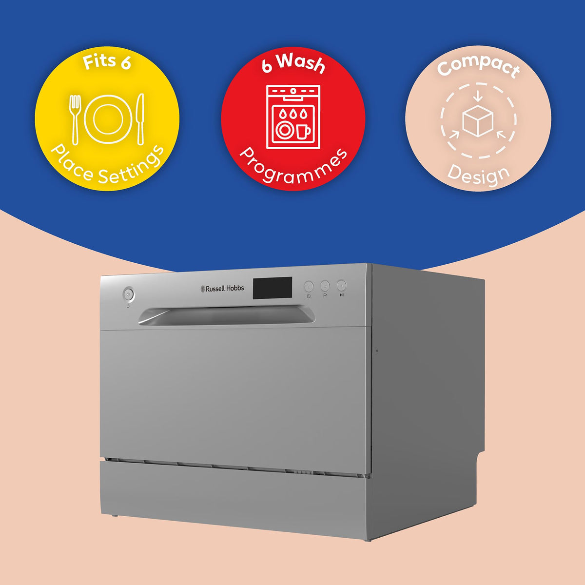 Russell Hobbs Table Top Dishwasher Compact Mini with 6 Place Settings, LED Display, Button Control, 6 Programmes, Portable & Efficient, 24hr Timer, Rinse & Eco Mode in White, RH6TTDW0D1W
